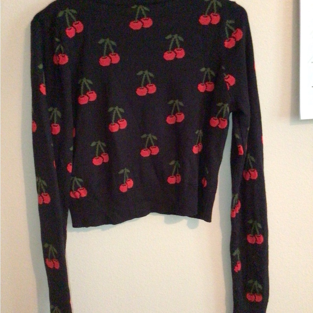 Cherry Patterned Black V-Neck Sweater - image 2